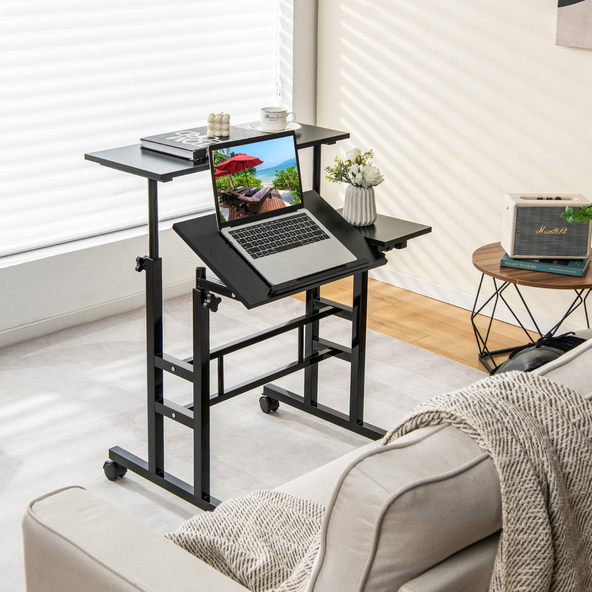 Height Adjustable Workstation with Wheels for Standing or Sitting-Black