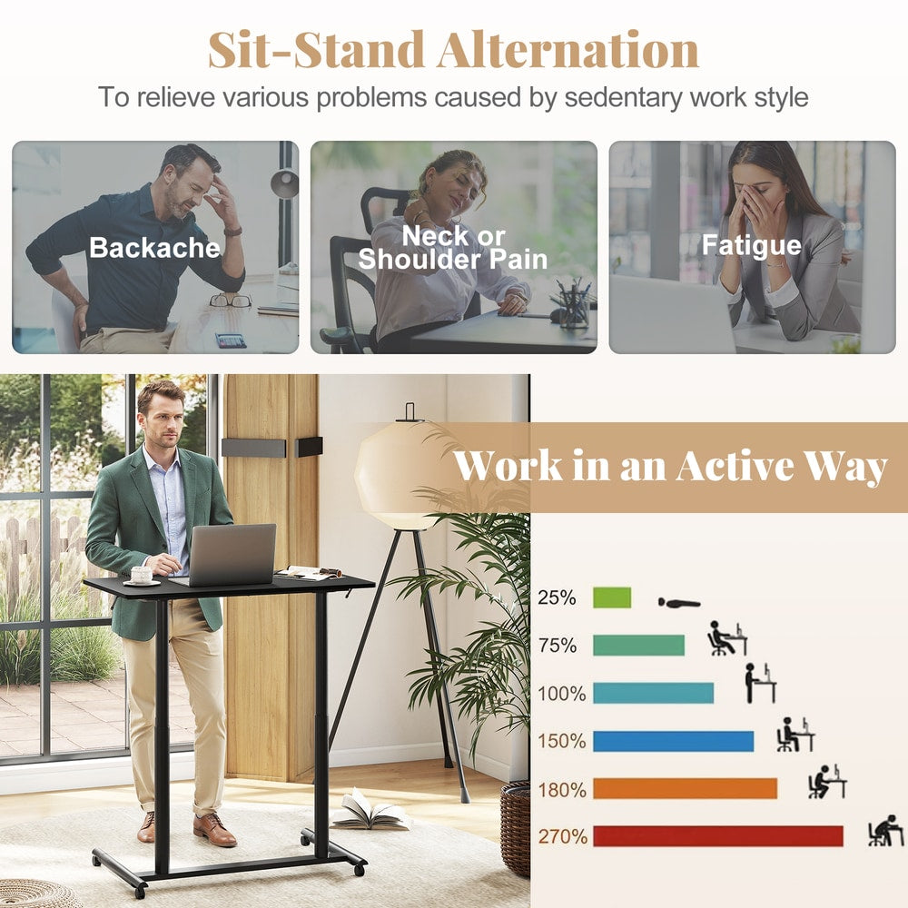 The office desk shown in a lifestyle graphic demonstrating the benefits of standing while working