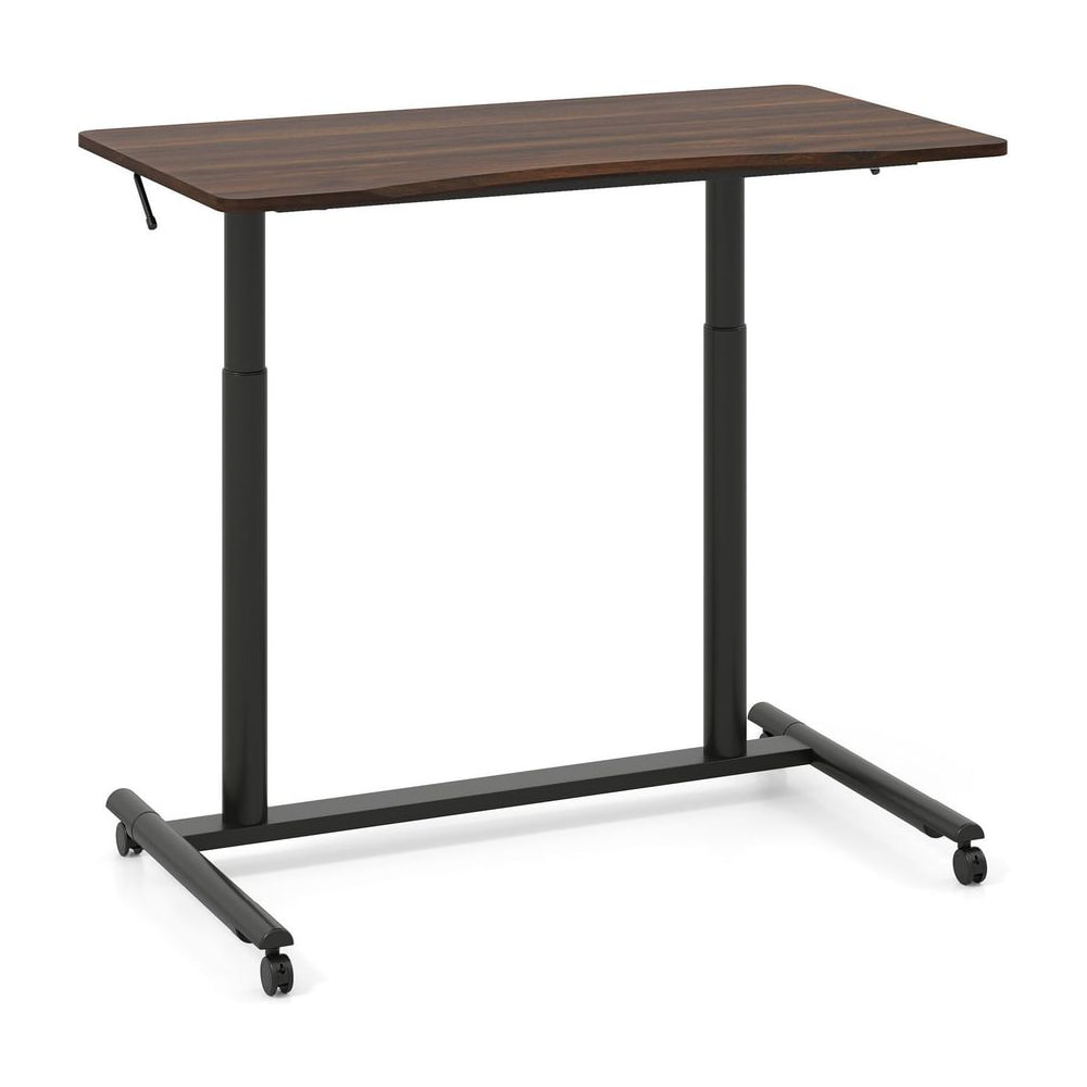 C-Shaped Mobile Standing Desk with adjustable height and lockable wheels in brown
