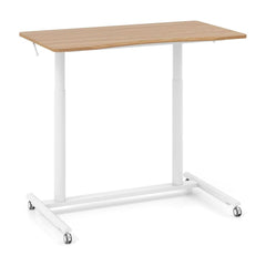 C-Shaped Mobile Standing Desk with adjustable height and lockable wheels in natural wood finish