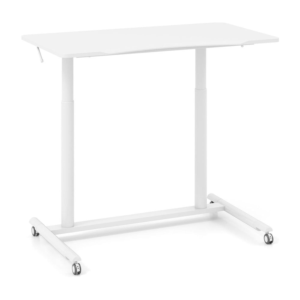 C-Shaped Mobile Standing Desk in white with adjustable height and lockable wheels