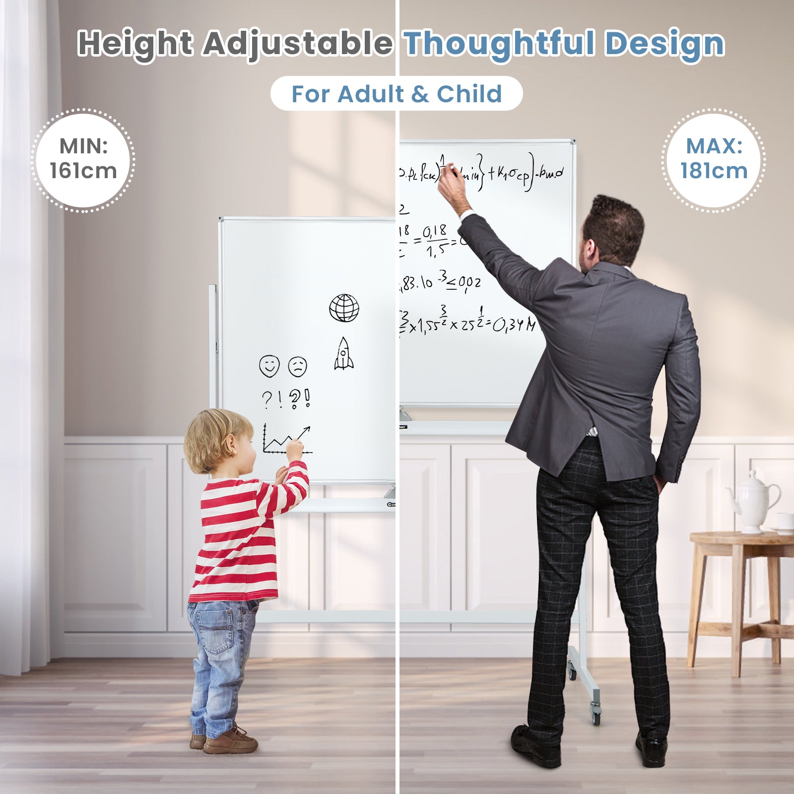 Mobile Whiteboard Reversible with Grid Pattern Board and Board Eraser-White