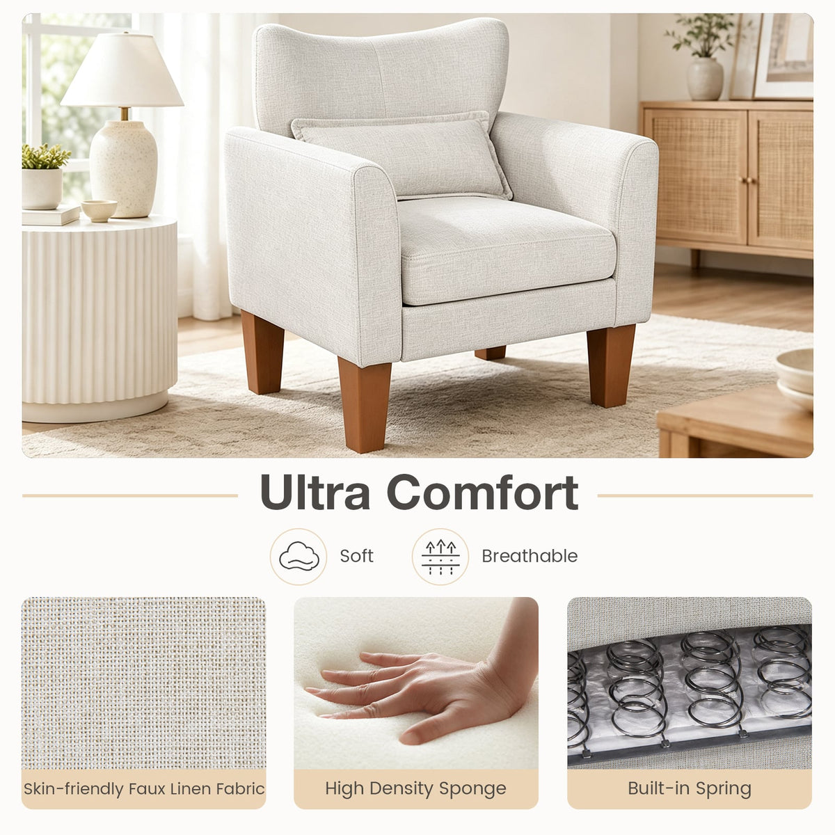 Modern Accent Chair with Removable Cushion and Pillow for Living Room-Beige