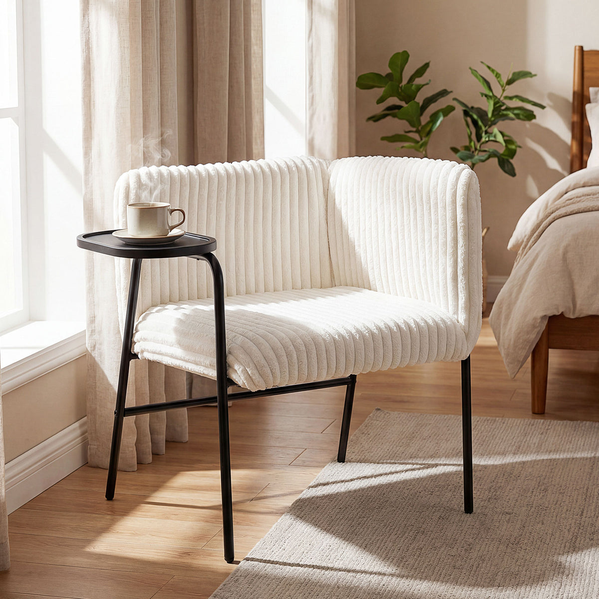 Modern Accent Chair with Tray Table Corduroy Upholstered Armchair-Beige