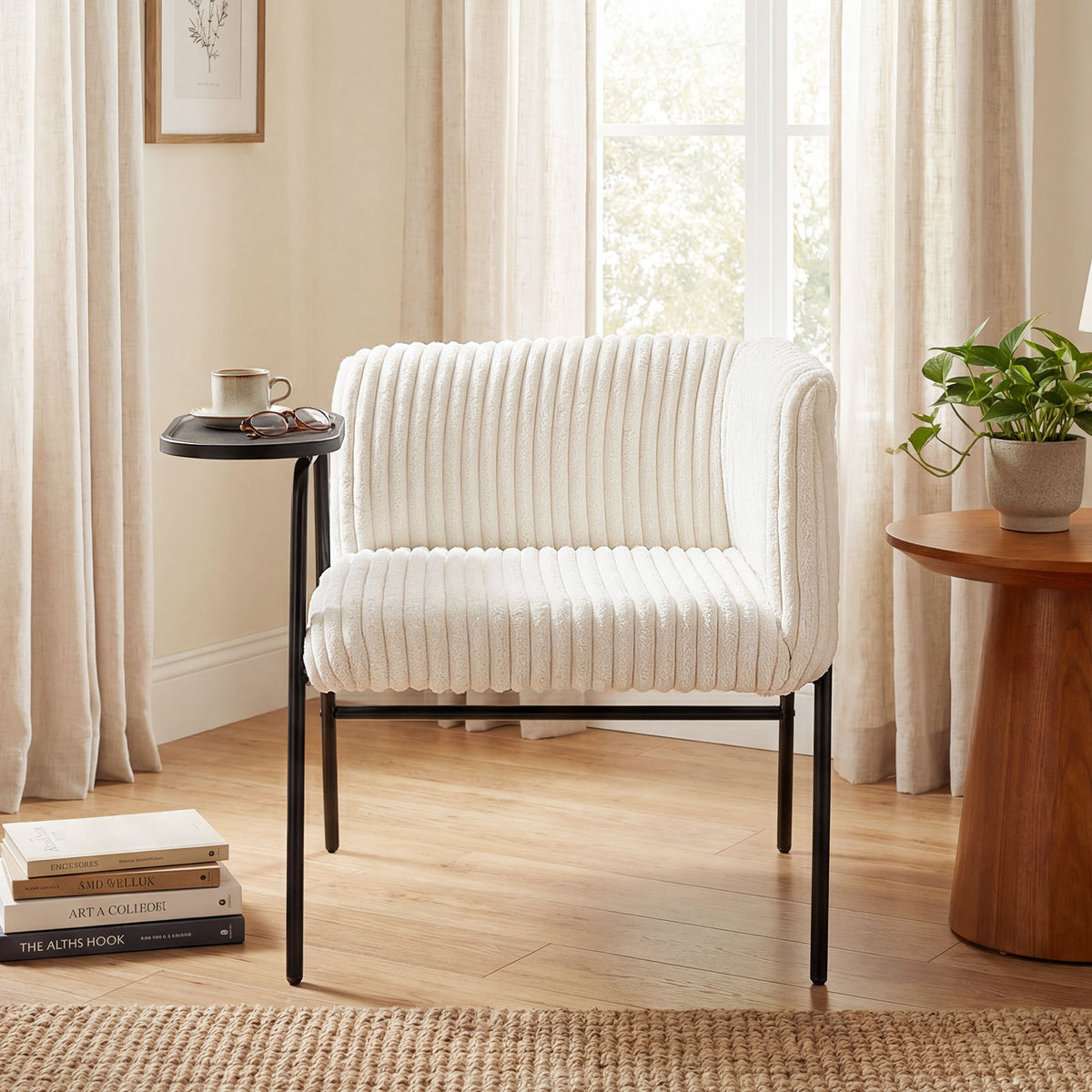 Modern Accent Chair with Tray Table Corduroy Upholstered Armchair-Beige