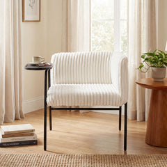 Modern Accent Chair with Tray Table Corduroy Upholstered Armchair-Beige