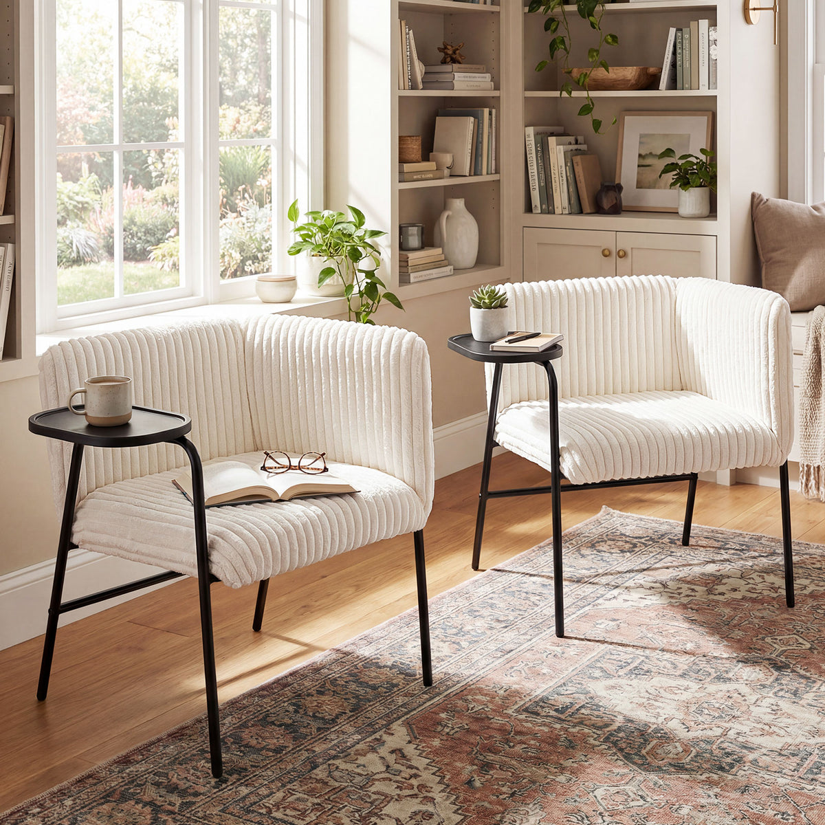 Modern Accent Chair with Tray Table Corduroy Upholstered Armchair-Beige