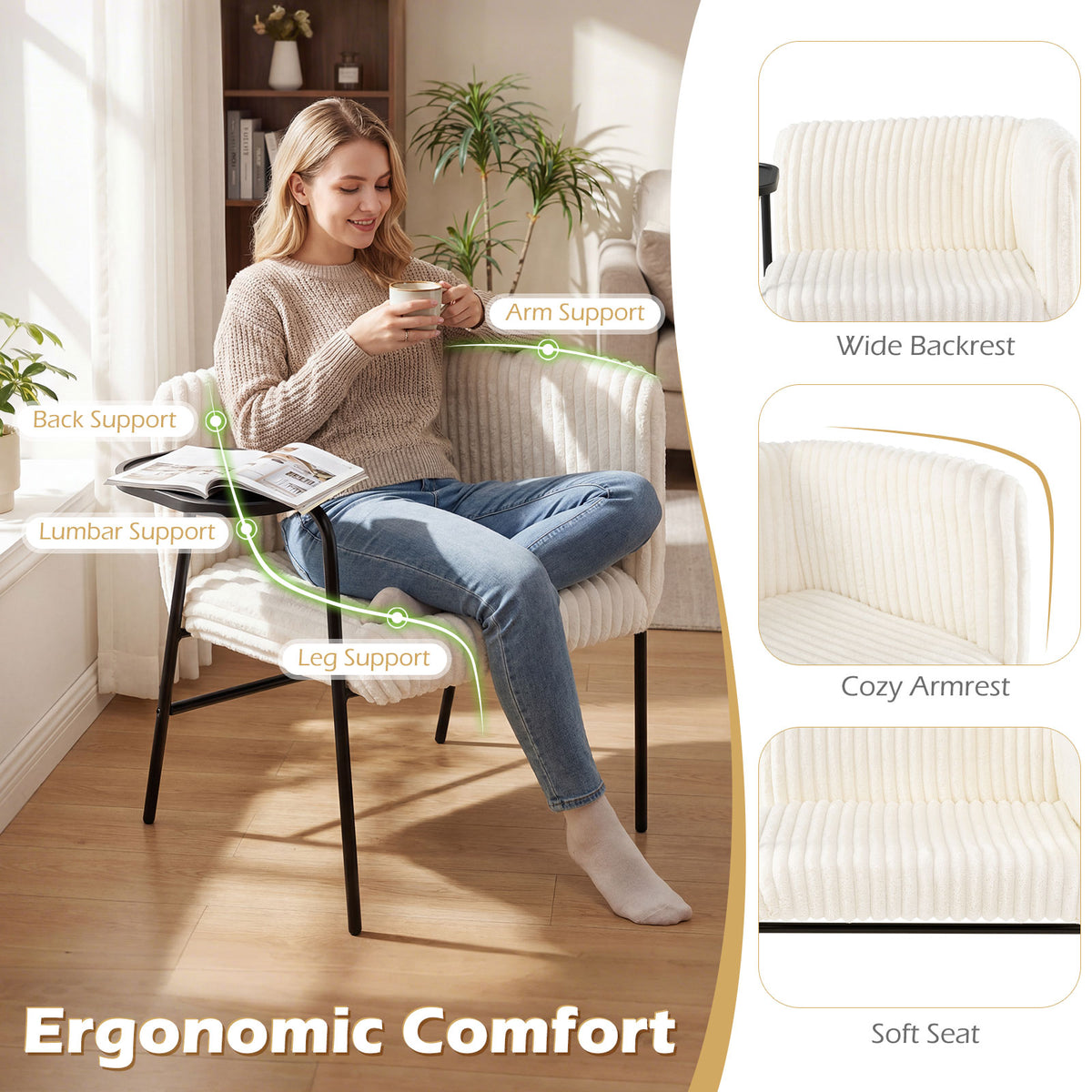 Modern Accent Chair with Tray Table Corduroy Upholstered Armchair-Beige