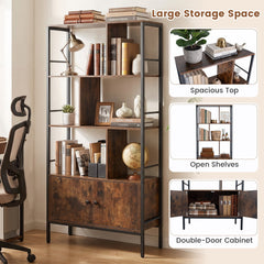 Modern Bookcase with Steel Frame 3-Tier Shelves and 2-Door Cabinet for Living Room-Rustic Brown