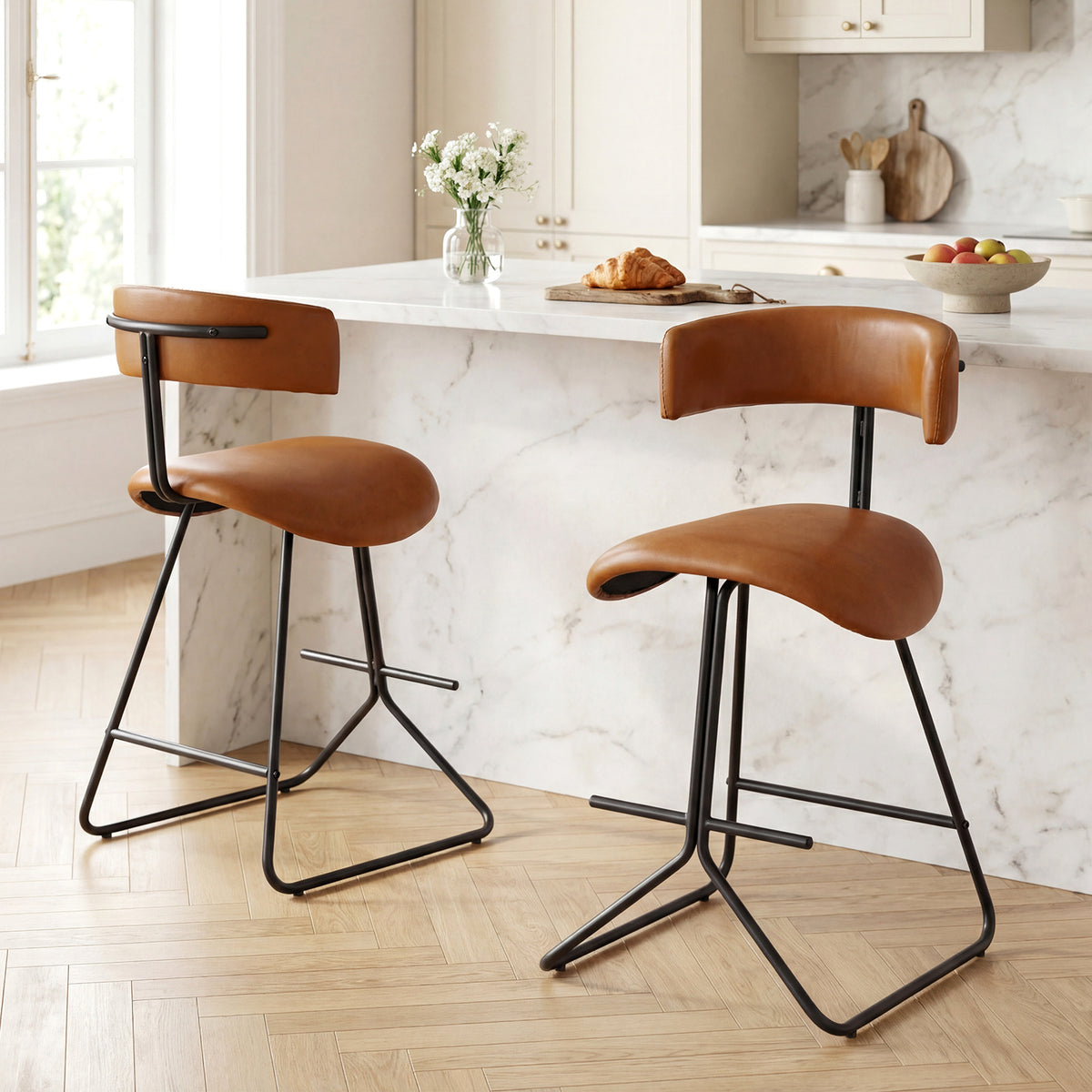 Modern Counter Height Stools Set of 2 63cm Faux Leather Upholstered Armless Barstools-Brown
