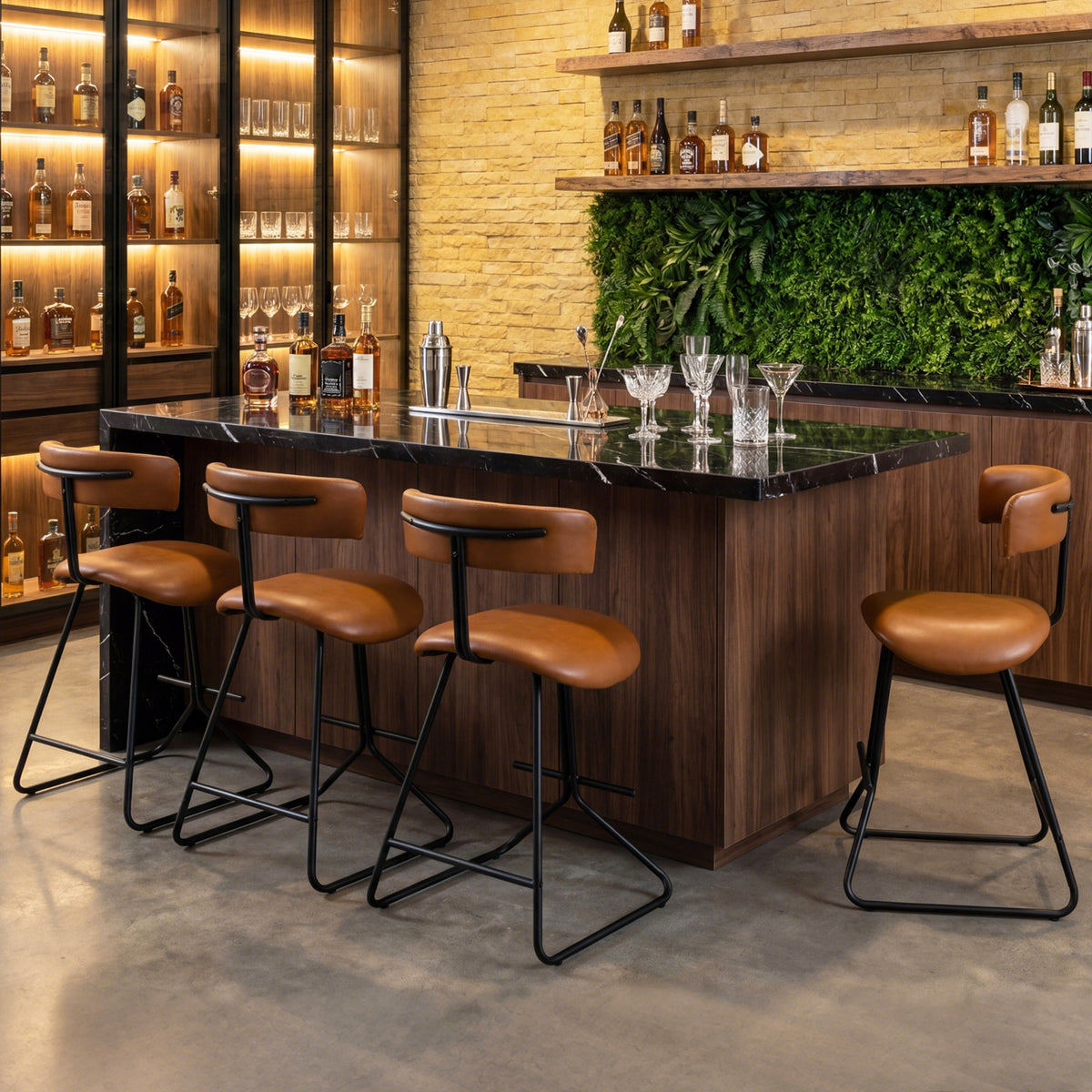 Modern Counter Height Stools Set of 2 63cm Faux Leather Upholstered Armless Barstools-Brown