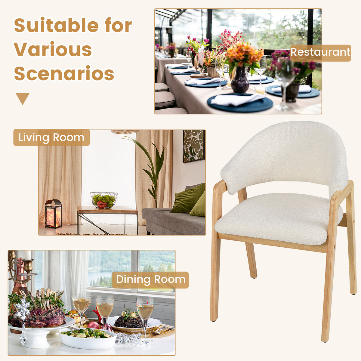 Modern Dining Chair Set of 2 with Padded Seat and Ergonomic Curved Backrest-White