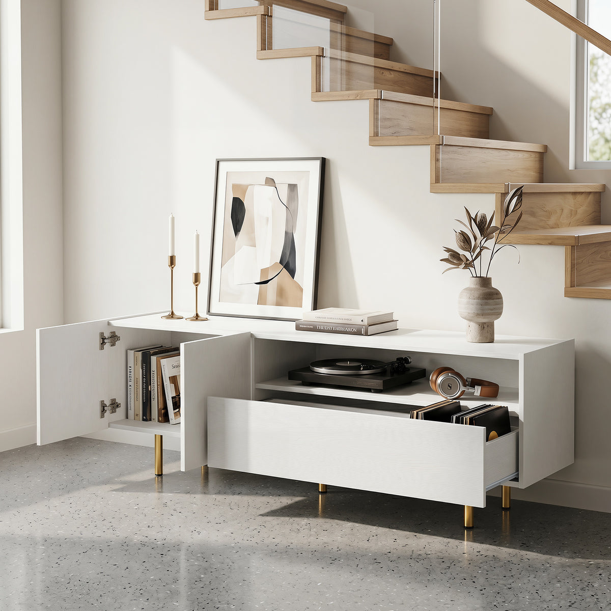 Modern Entertainment Center with 2 Doors Drawer and 5 Metal Legs-White