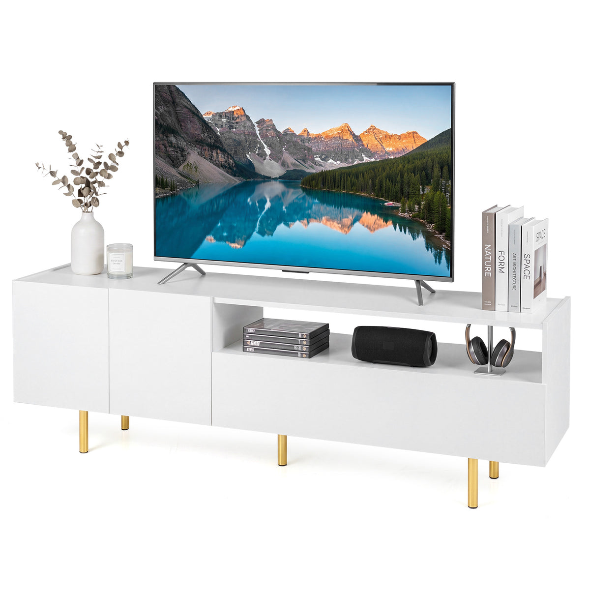 Modern Entertainment Center with 2 Doors Drawer and 5 Metal Legs-White