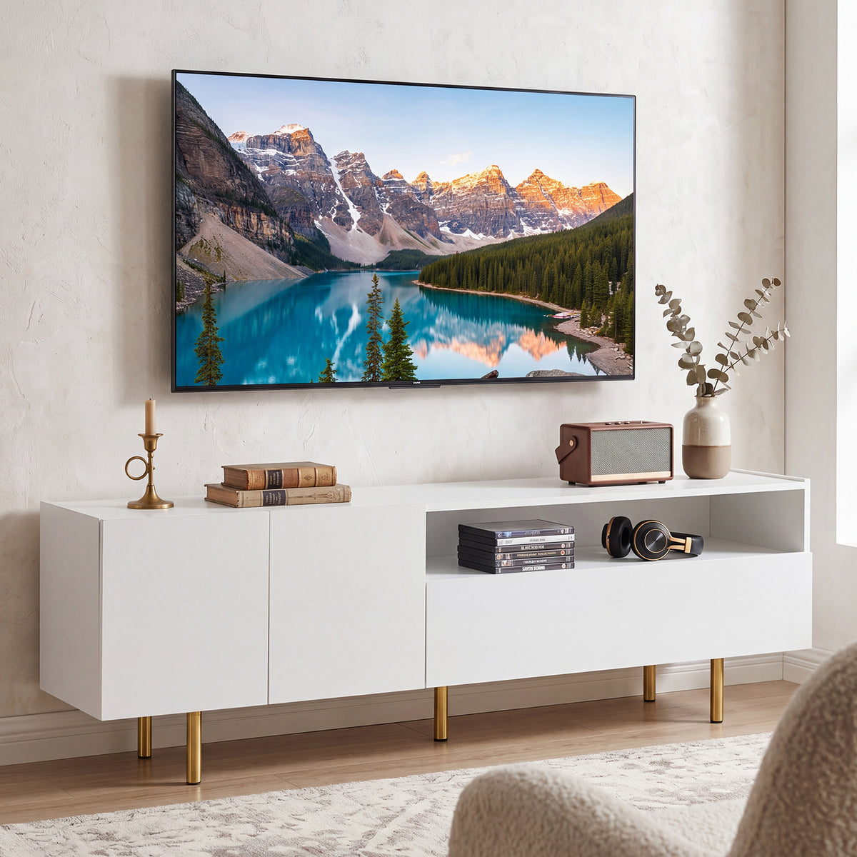 Modern Entertainment Center with 2 Doors Drawer and 5 Metal Legs-White