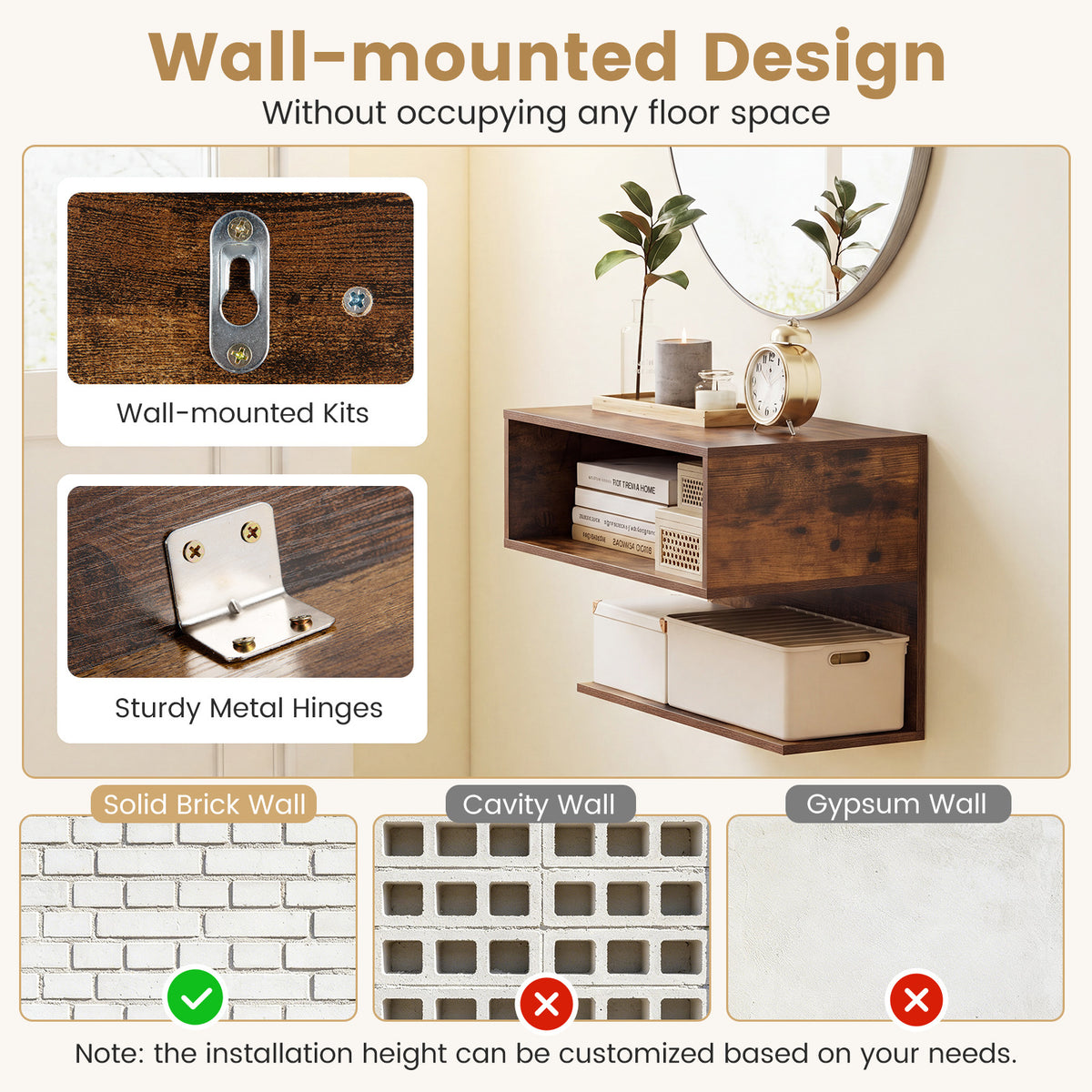 Modern Floating Nightstand with Storage Shelves for Living Room and Bed Room-Rustic Brown