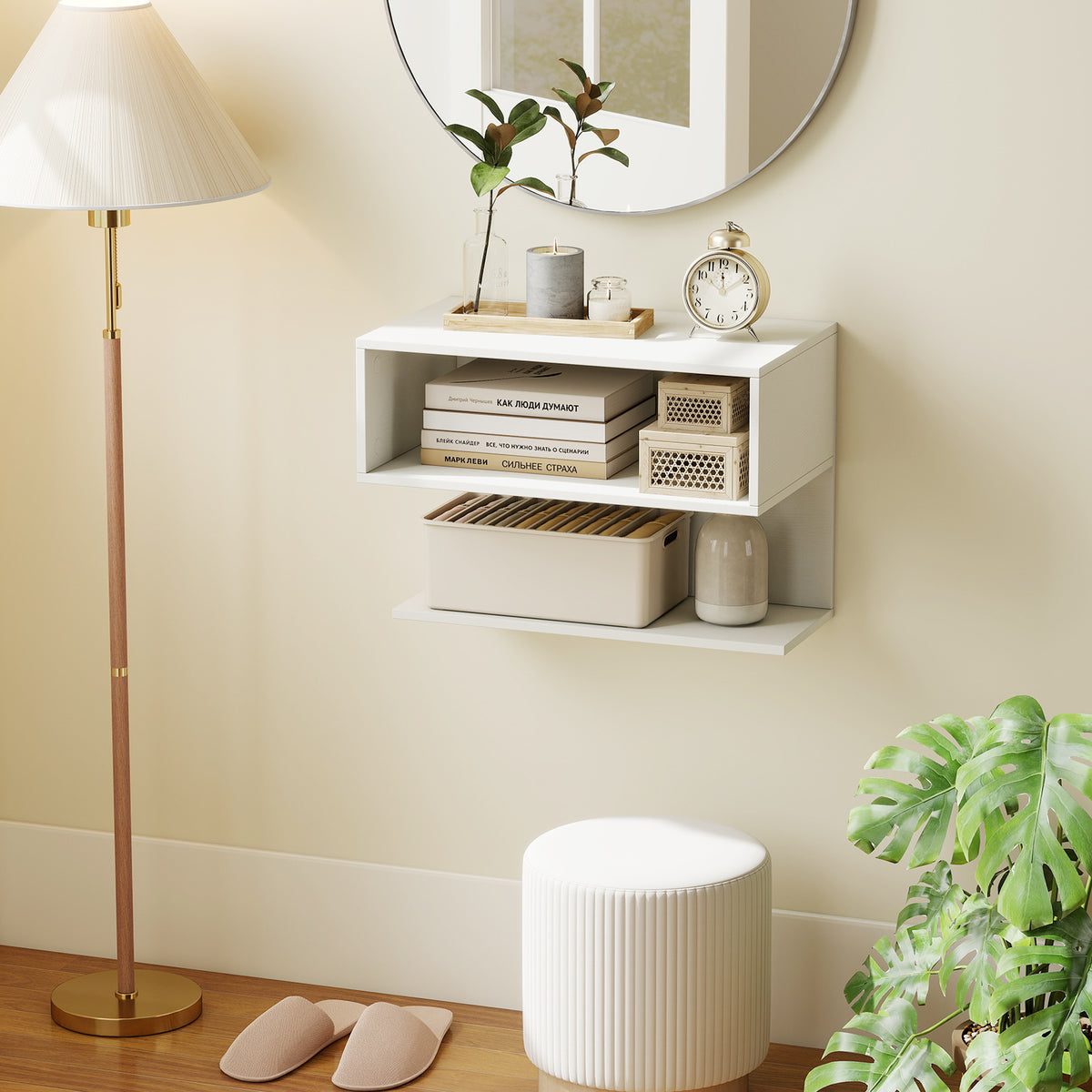 Modern Floating Nightstand with Storage Shelves for Living Room and Bed Room-White