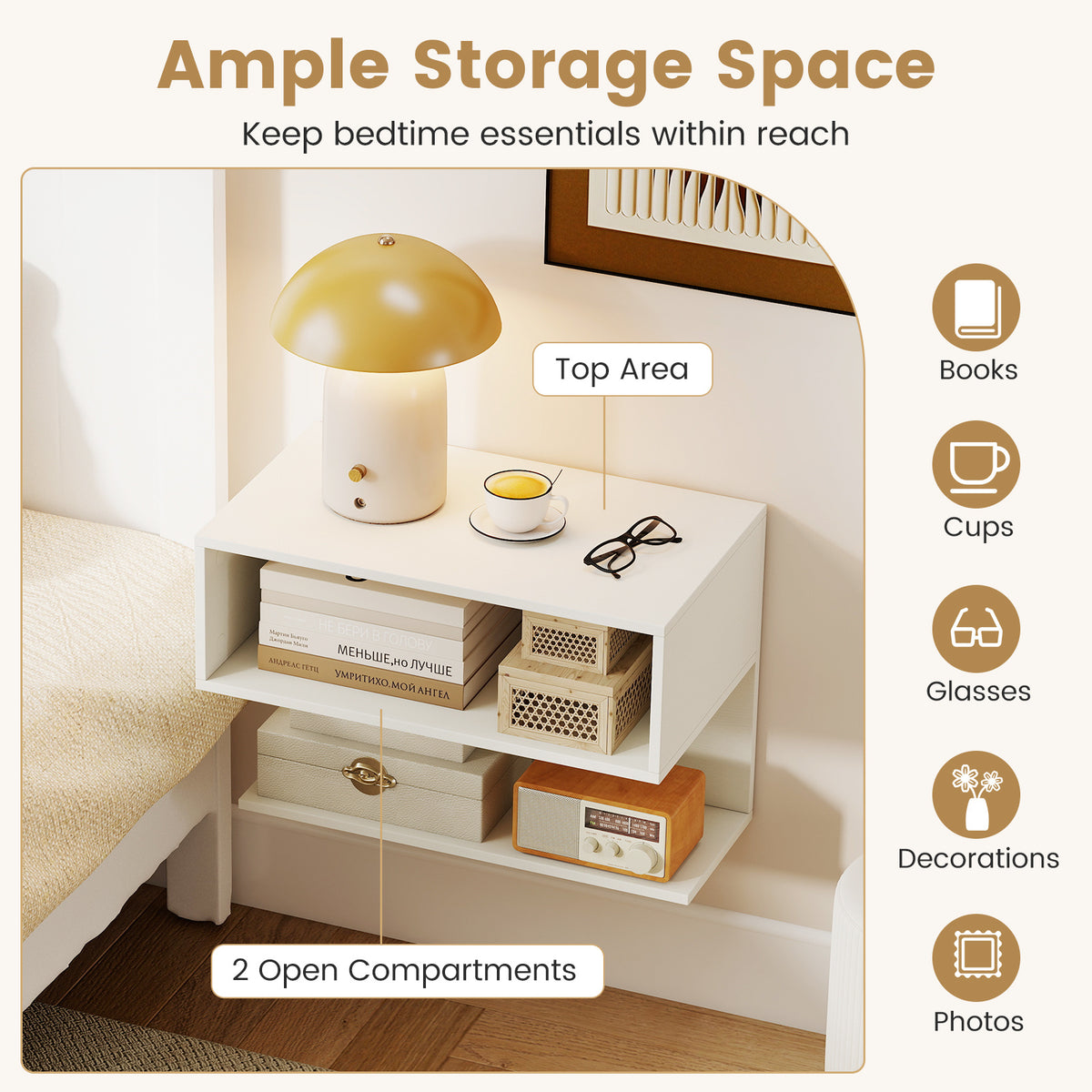 Modern Floating Nightstand with Storage Shelves for Living Room and Bed Room-White