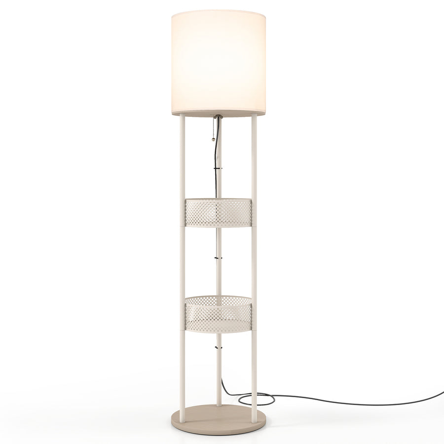Modern Floor Lamp with 3-Tier Shelves Pull Chain Switch and Fabric Shade for Living Room-White