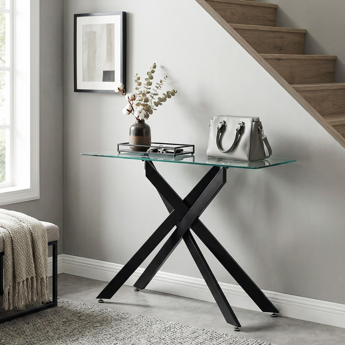 Modern Glass Console Table with Tempered Glass Top and Tubular Legs-Black