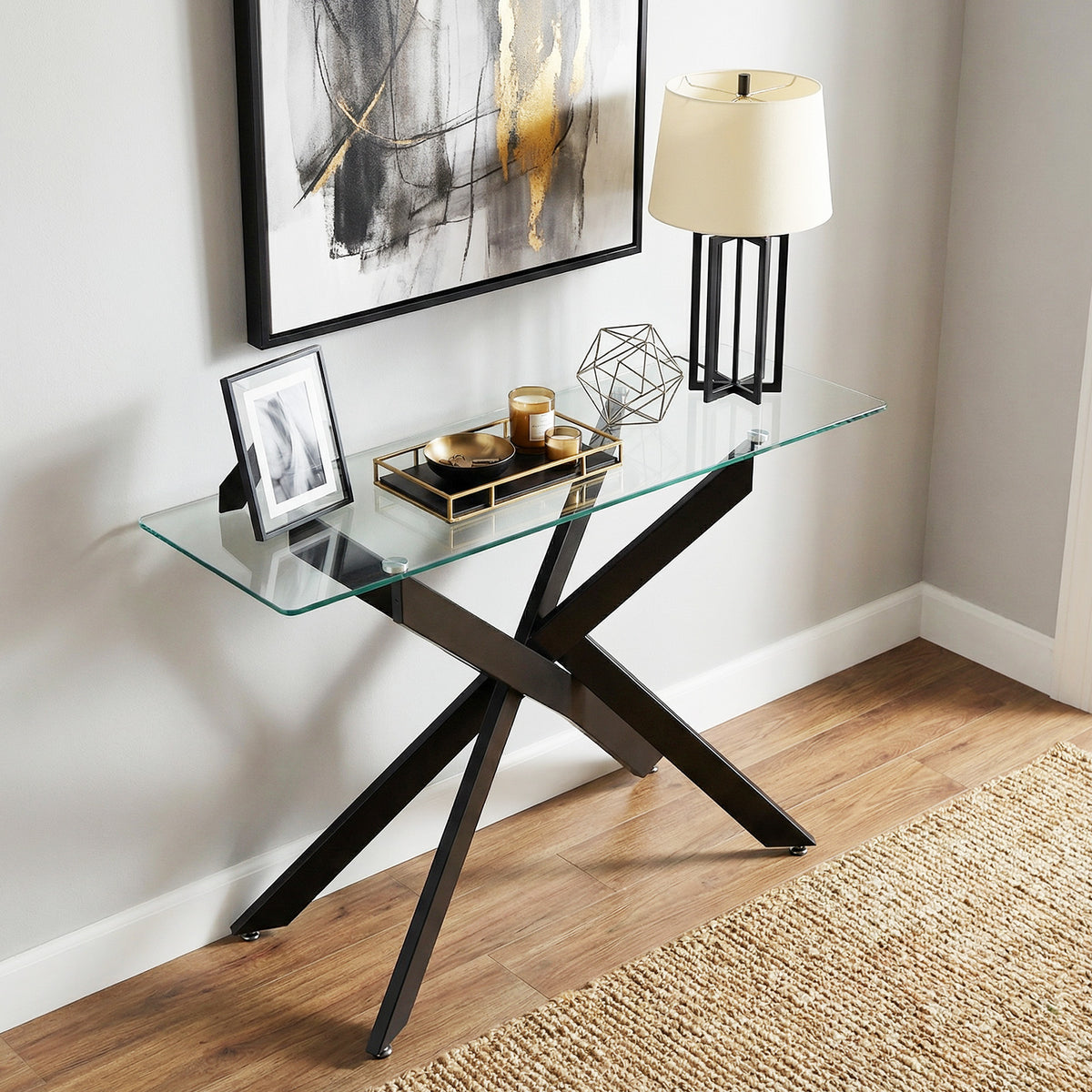 Modern Glass Console Table with Tempered Glass Top and Tubular Legs-Black