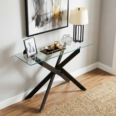Modern Glass Console Table with Tempered Glass Top and Tubular Legs-Black