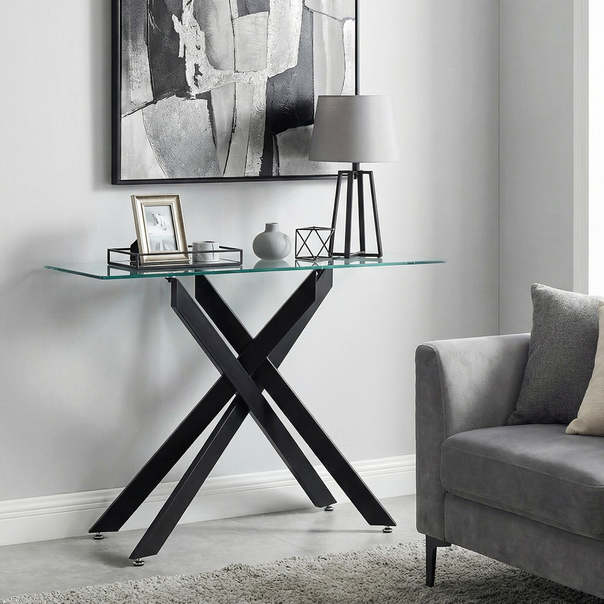 Modern Glass Console Table with Tempered Glass Top and Tubular Legs-Black