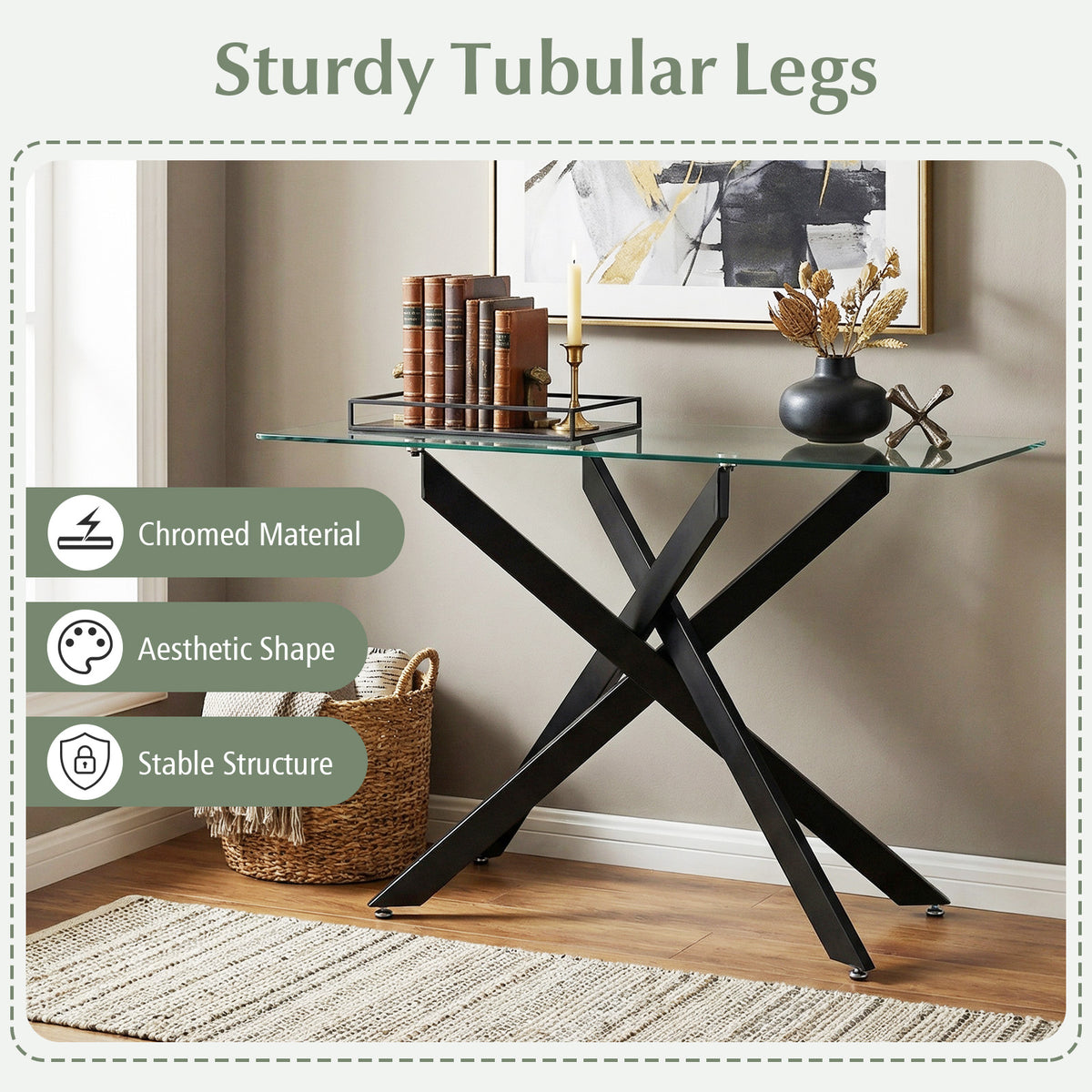 Modern Glass Console Table with Tempered Glass Top and Tubular Legs-Black