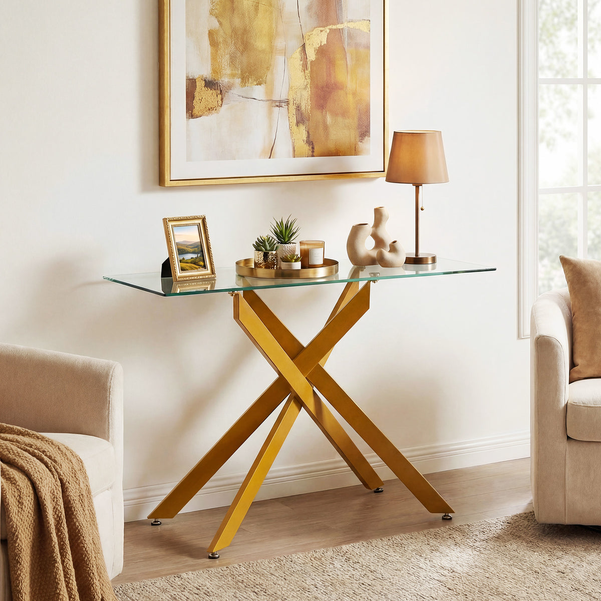 Modern Glass Console Table with Tempered Glass Top and Tubular Legs-Golden