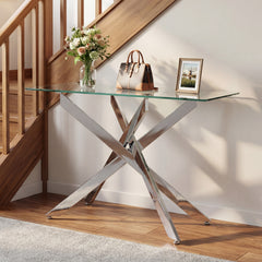 Modern Glass Console Table with Tempered Glass Top and Tubular Legs-Silver