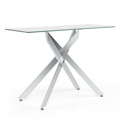 Modern Glass Console Table with Tempered Glass Top and Tubular Legs-Silver