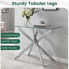 Modern Glass Console Table with Tempered Glass Top and Tubular Legs-Silver