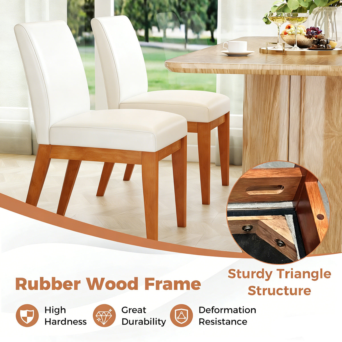 Modern Kitchen Chair Set of 2 with Rubber Wood Legs and Padded Seat-Beige