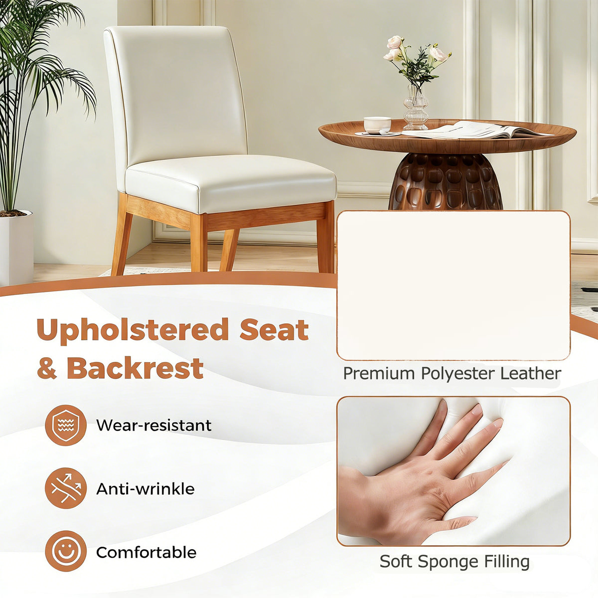 Modern Kitchen Chair Set of 2 with Rubber Wood Legs and Padded Seat-Beige
