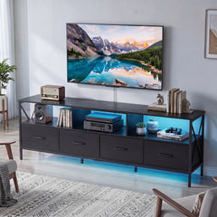 Modern LED Entertainment Center for 80" TVs with 4 Folding Fabric Drawers and Heavy-duty Metal-Black