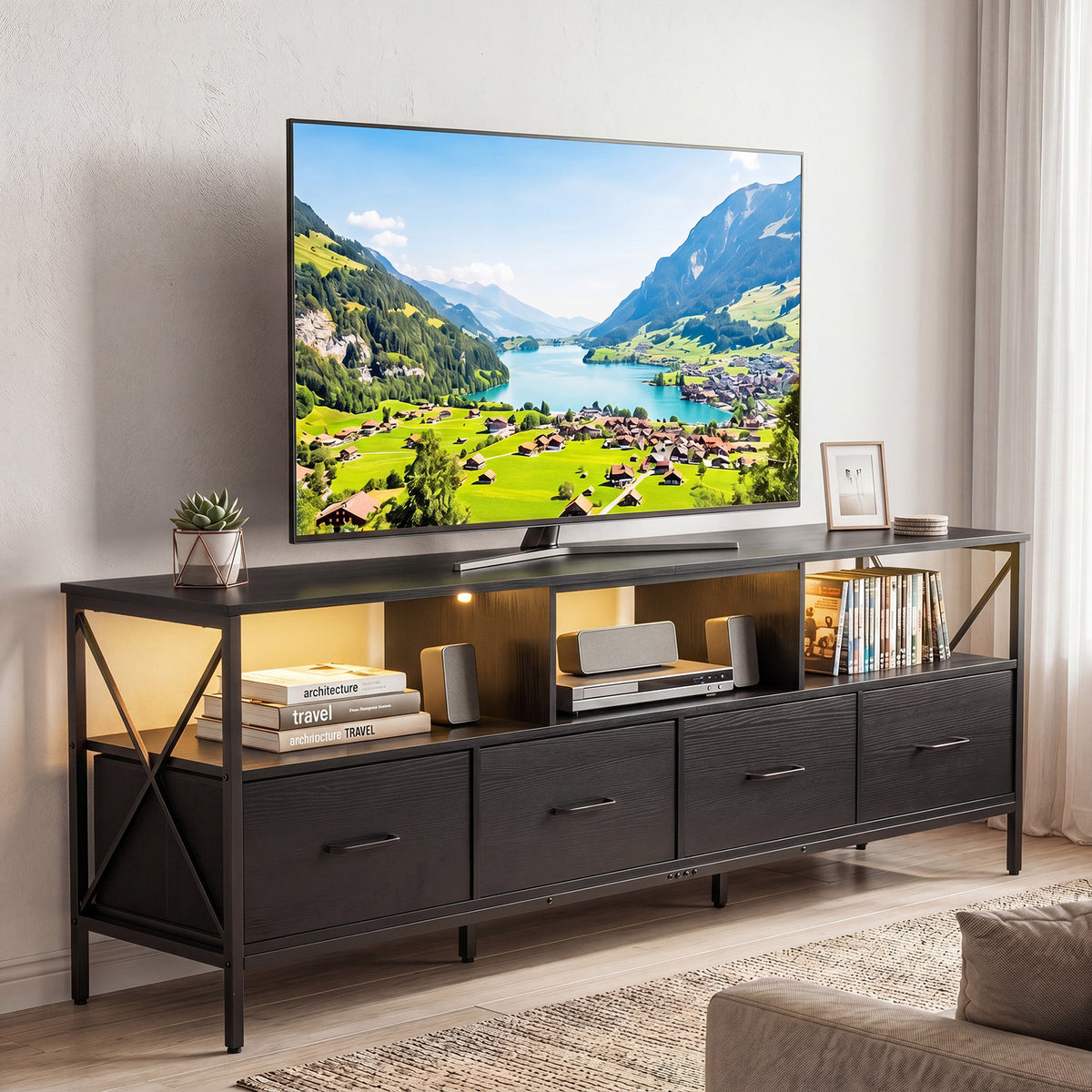 Modern LED Entertainment Center for 80" TVs with 4 Folding Fabric Drawers and Heavy-duty Metal-Black