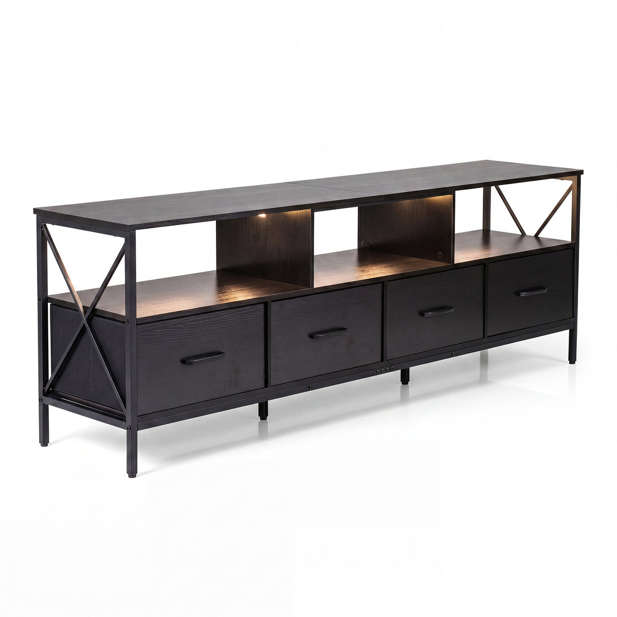 Modern LED Entertainment Center for 80" TVs with 4 Folding Fabric Drawers and Heavy-duty Metal-Black