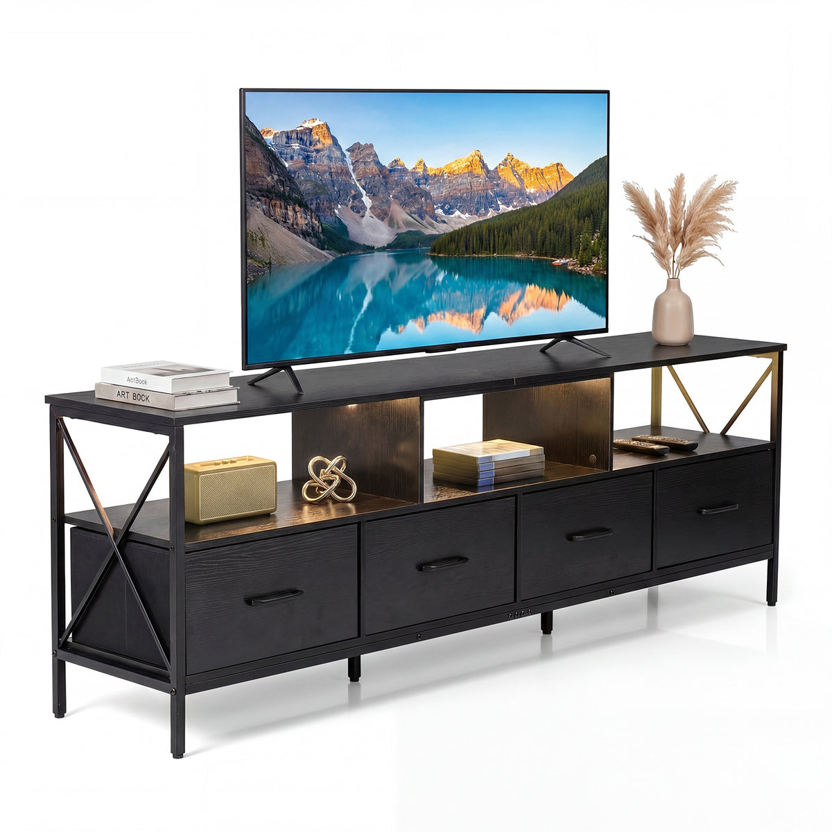 Modern LED Entertainment Center for 80" TVs with 4 Folding Fabric Drawers and Heavy-duty Metal-Black