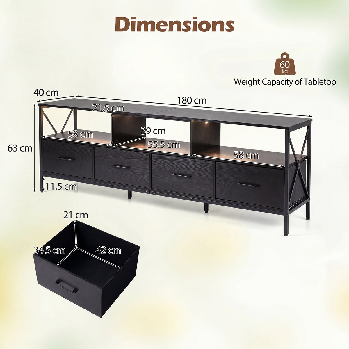 Modern LED Entertainment Center for 80" TVs with 4 Folding Fabric Drawers and Heavy-duty Metal-Black