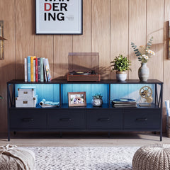 Modern LED Entertainment Center for 80" TVs with 4 Folding Fabric Drawers and Heavy-duty Metal-Black