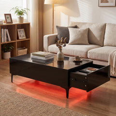 Modern Lift Top Coffee Table with LED Lights High Gloss Accent Table with Hidden Compartment-Black