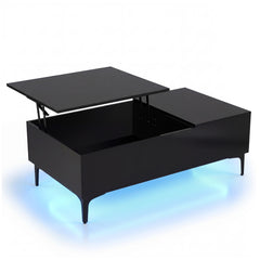 Modern Lift Top Coffee Table with LED Lights High Gloss Accent Table with Hidden Compartment-Black