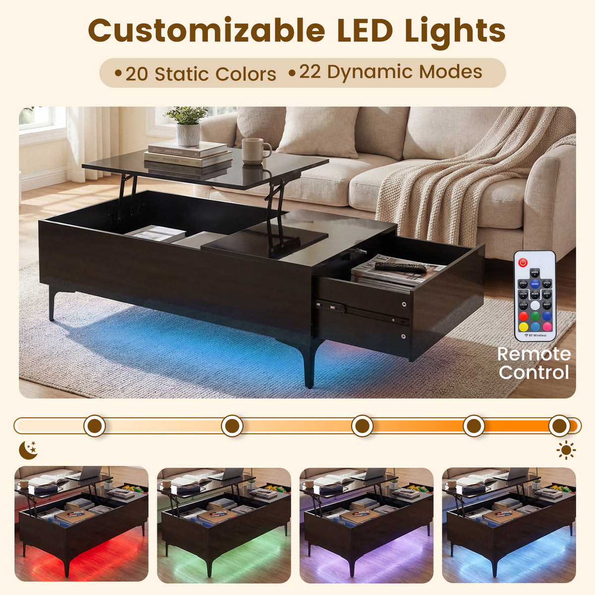 Modern Lift Top Coffee Table with LED Lights High Gloss Accent Table with Hidden Compartment-Black