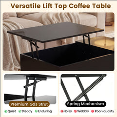 Modern Lift Top Coffee Table with LED Lights High Gloss Accent Table with Hidden Compartment-Black