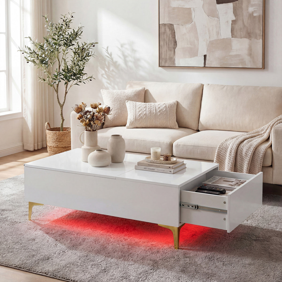 Modern Lift Top Coffee Table with LED Lights High Gloss Accent Table with Hidden Compartment-White
