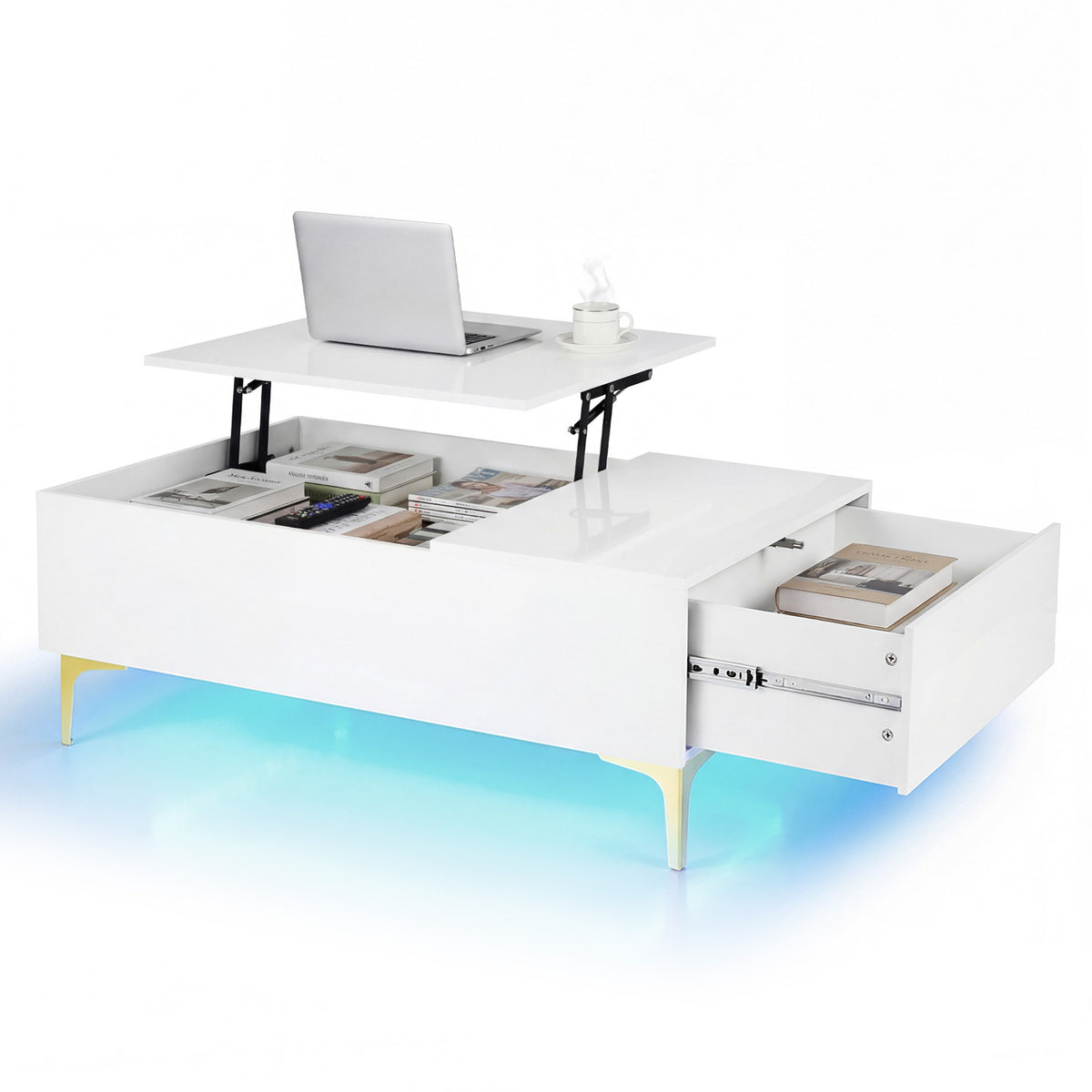 Modern Lift Top Coffee Table with LED Lights High Gloss Accent Table with Hidden Compartment-White