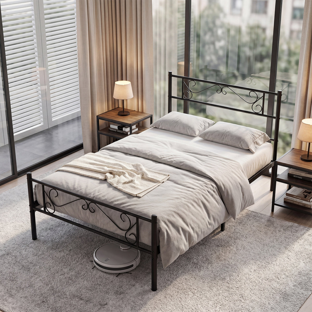 Modern Metal Bed Frame with Floral Headboard and Footboard-Black Single Size
