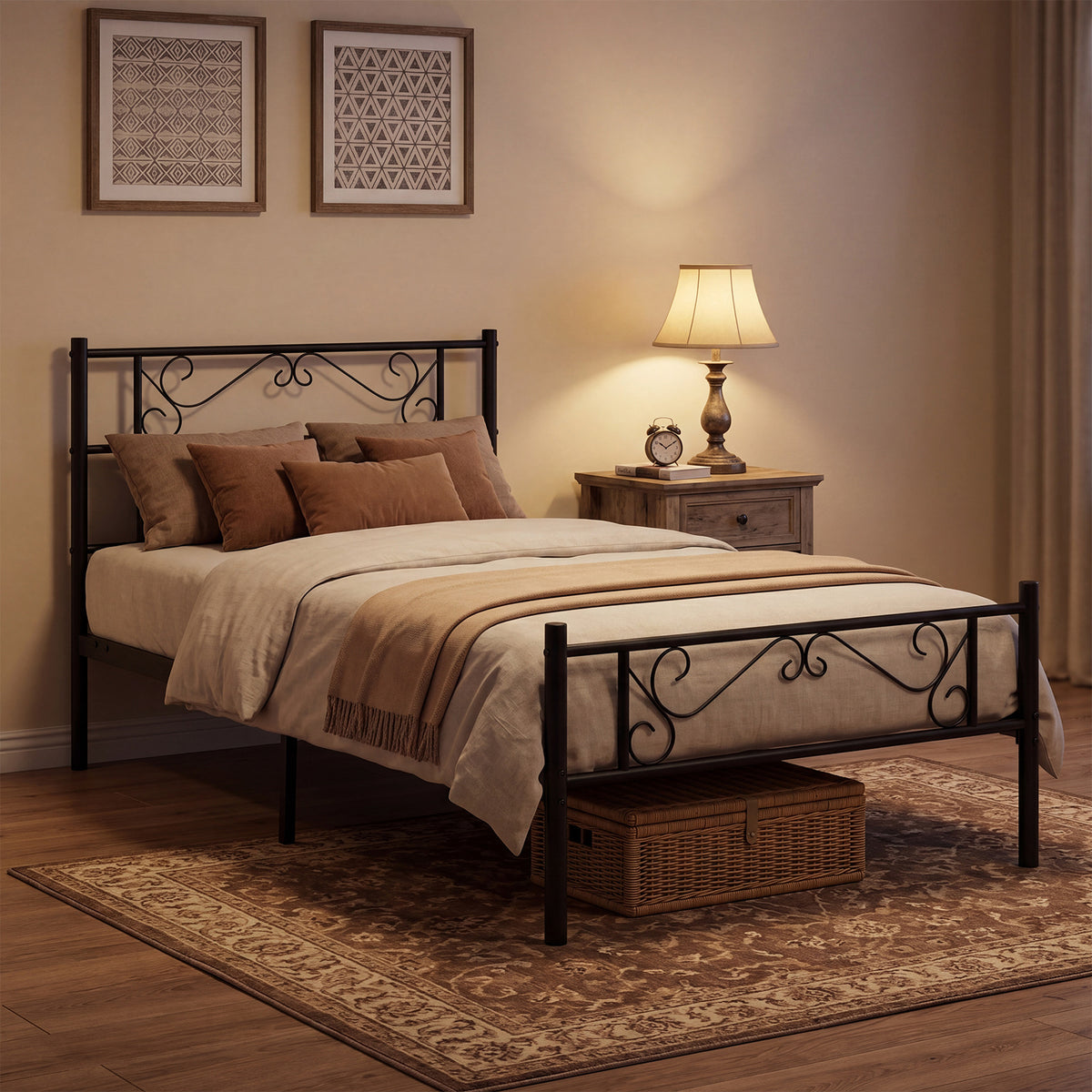 Modern Metal Bed Frame with Floral Headboard and Footboard-Black Single Size