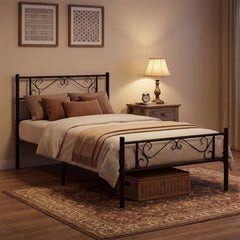 Modern Metal Bed Frame with Floral Headboard and Footboard-Black Single Size