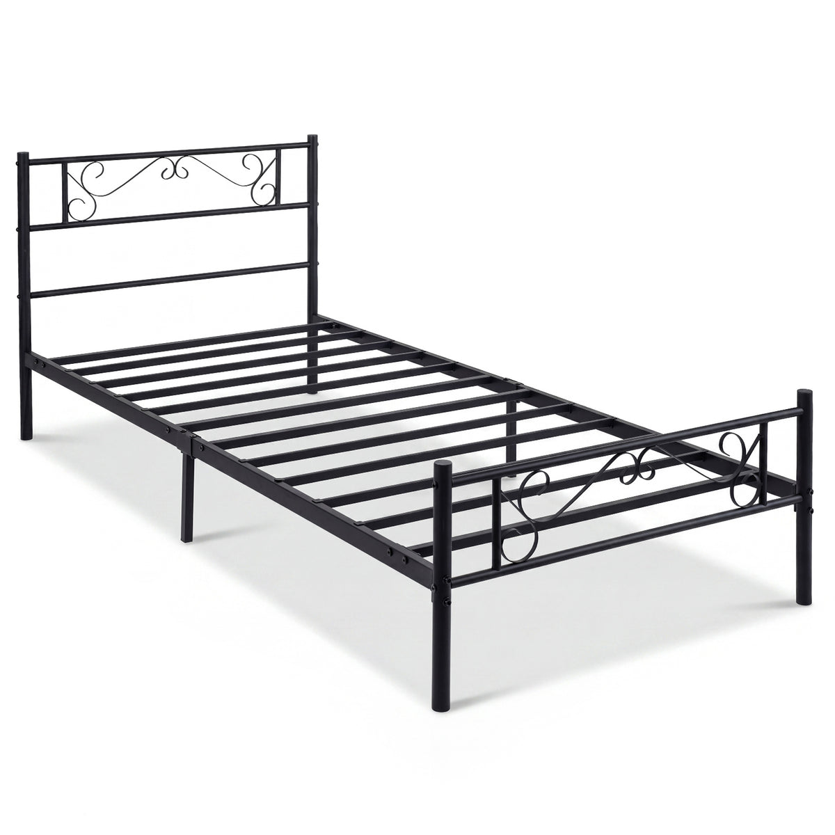 Modern Metal Bed Frame with Floral Headboard and Footboard-Black Single Size